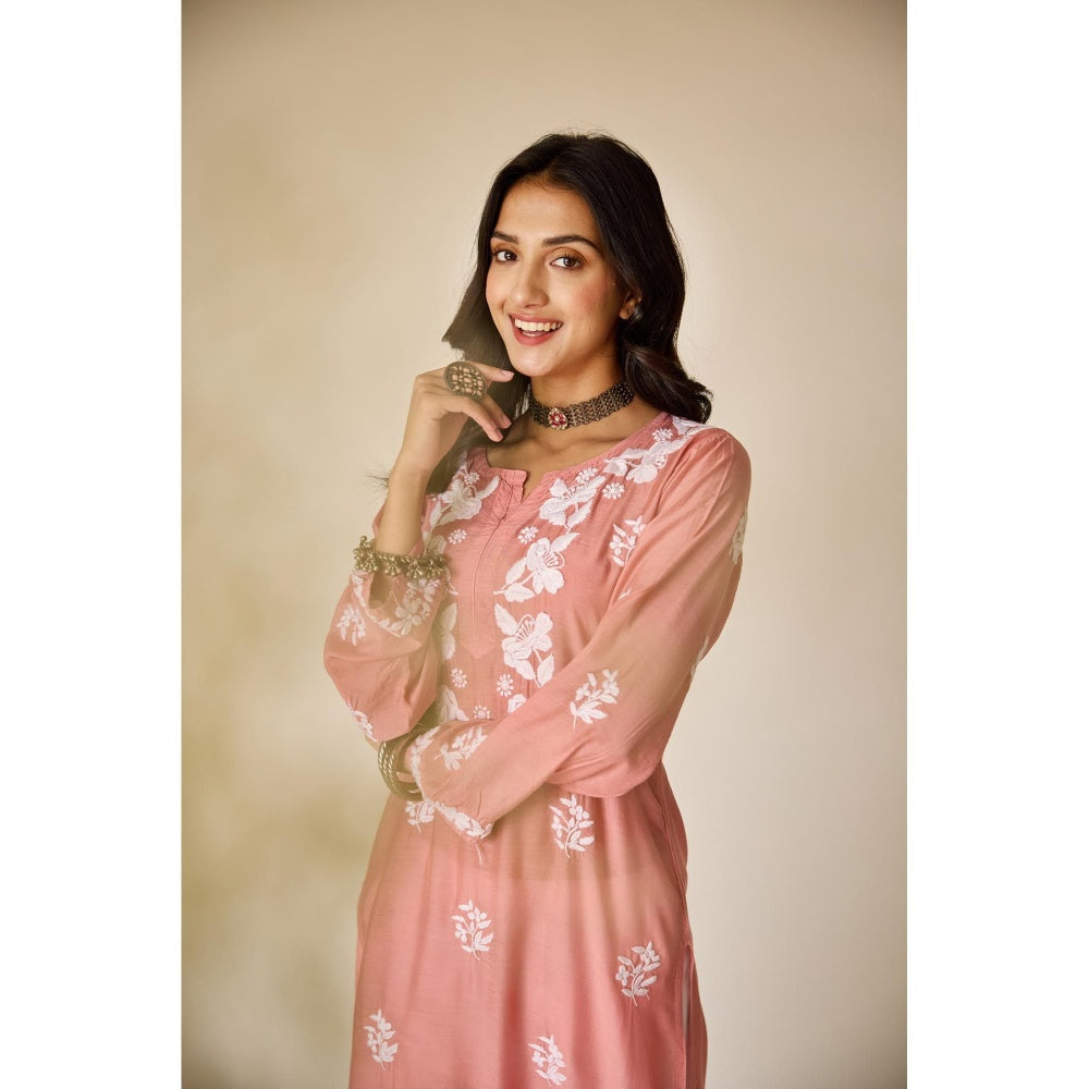 Old Marigold Sumaiya Peach Pink Muslin Hand Embroidered Chikankari Kurta