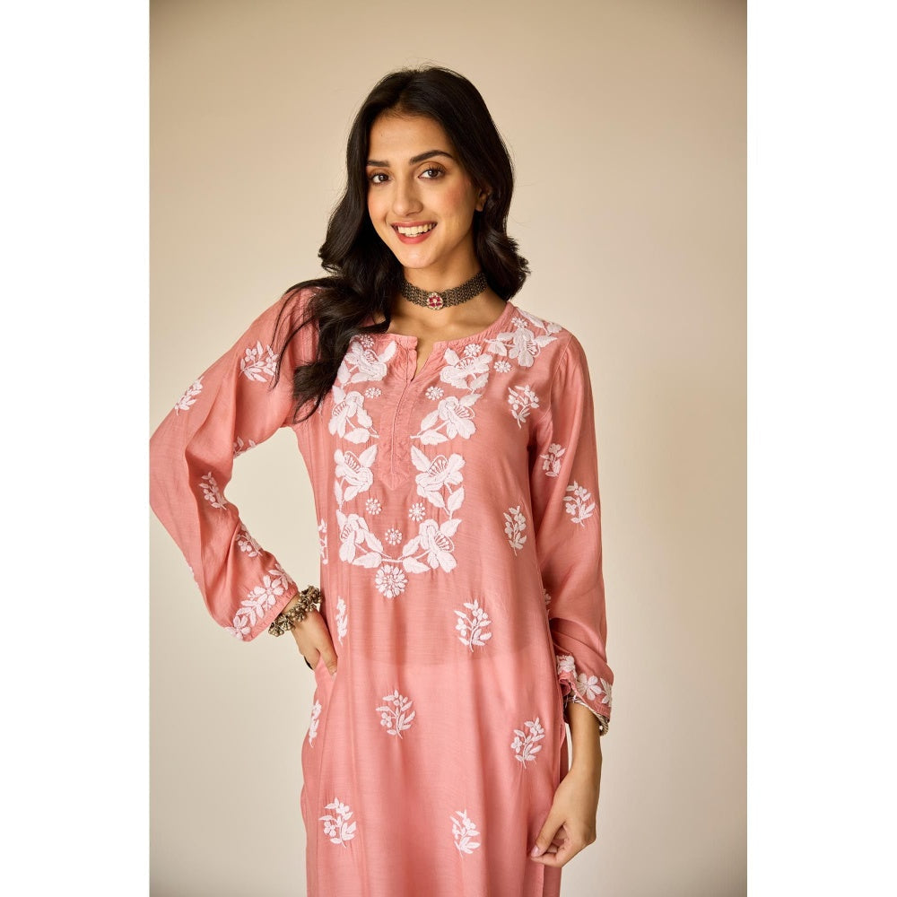 Old Marigold Sumaiya Peach Pink Muslin Hand Embroidered Chikankari Kurta