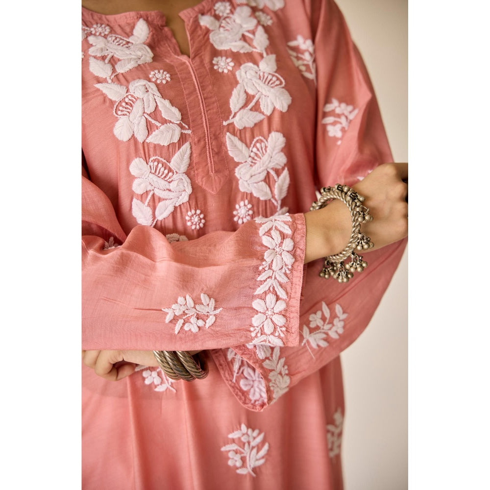 Old Marigold Sumaiya Peach Pink Muslin Hand Embroidered Chikankari Kurta