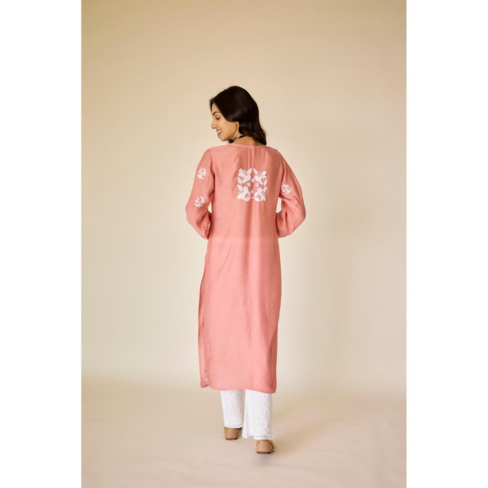 Old Marigold Sumaiya Peach Pink Muslin Hand Embroidered Chikankari Kurta