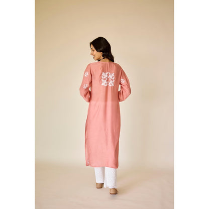 Old Marigold Sumaiya Peach Pink Muslin Hand Embroidered Chikankari Kurta