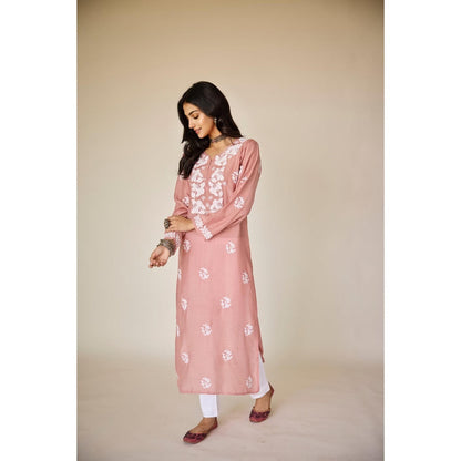 Old Marigold Crest Dusty Pink Muslin Hand Embroidered Chikankari Kurta