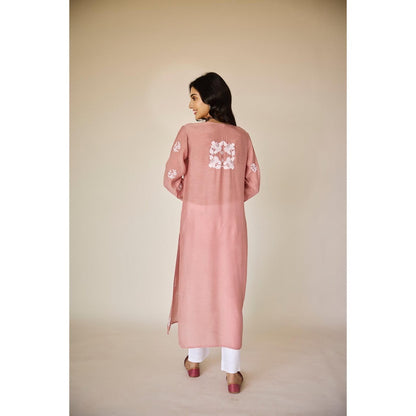 Old Marigold Crest Dusty Pink Muslin Hand Embroidered Chikankari Kurta