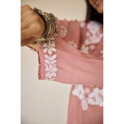 Old Marigold Crest Dusty Pink Muslin Hand Embroidered Chikankari Kurta