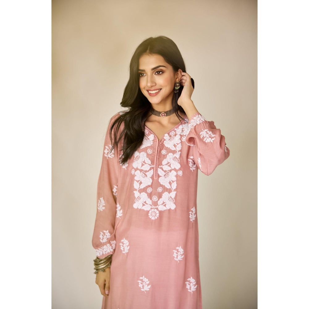 Old Marigold Crest Dusty Pink Muslin Hand Embroidered Chikankari Kurta