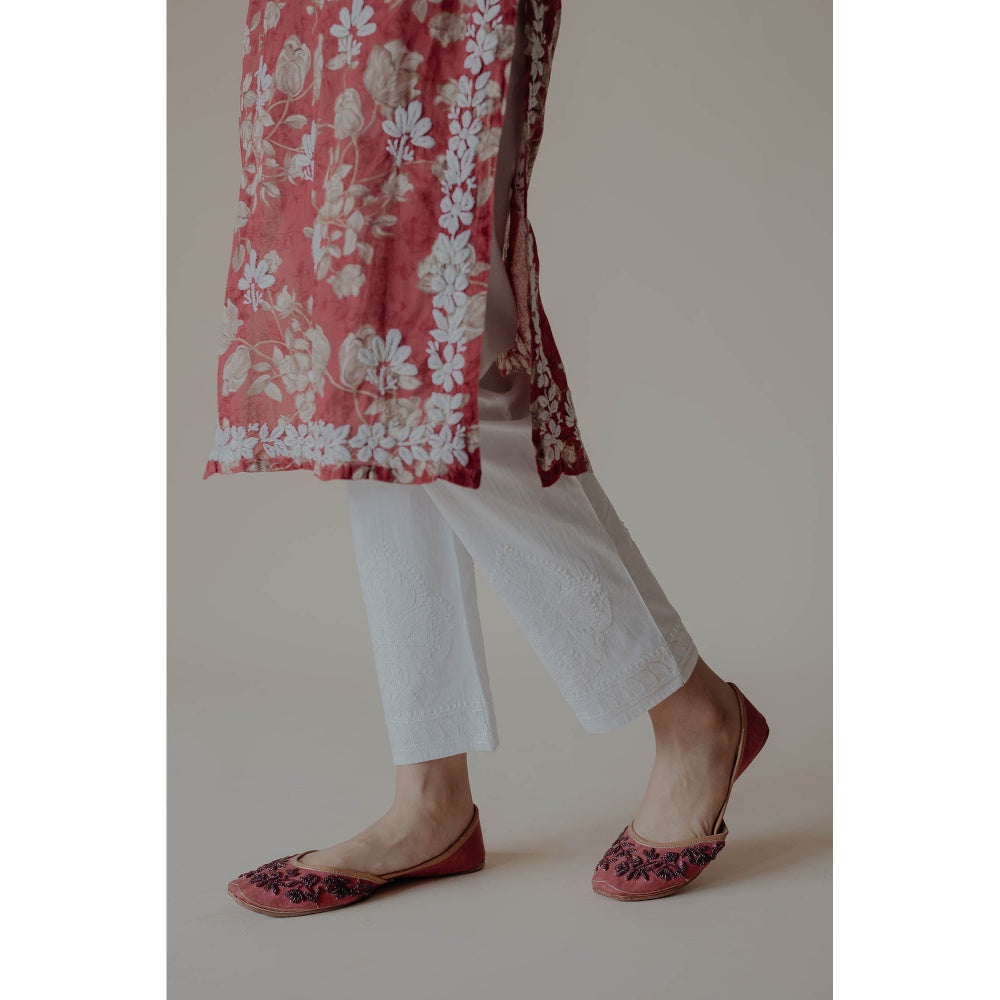 Old Marigold Sukoon White Cotton Lycra Hand Embroidered Chikankari Straight Pant