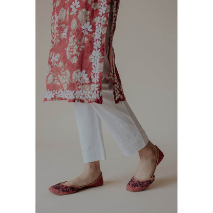 Old Marigold Sukoon White Cotton Lycra Hand Embroidered Chikankari Straight Pant
