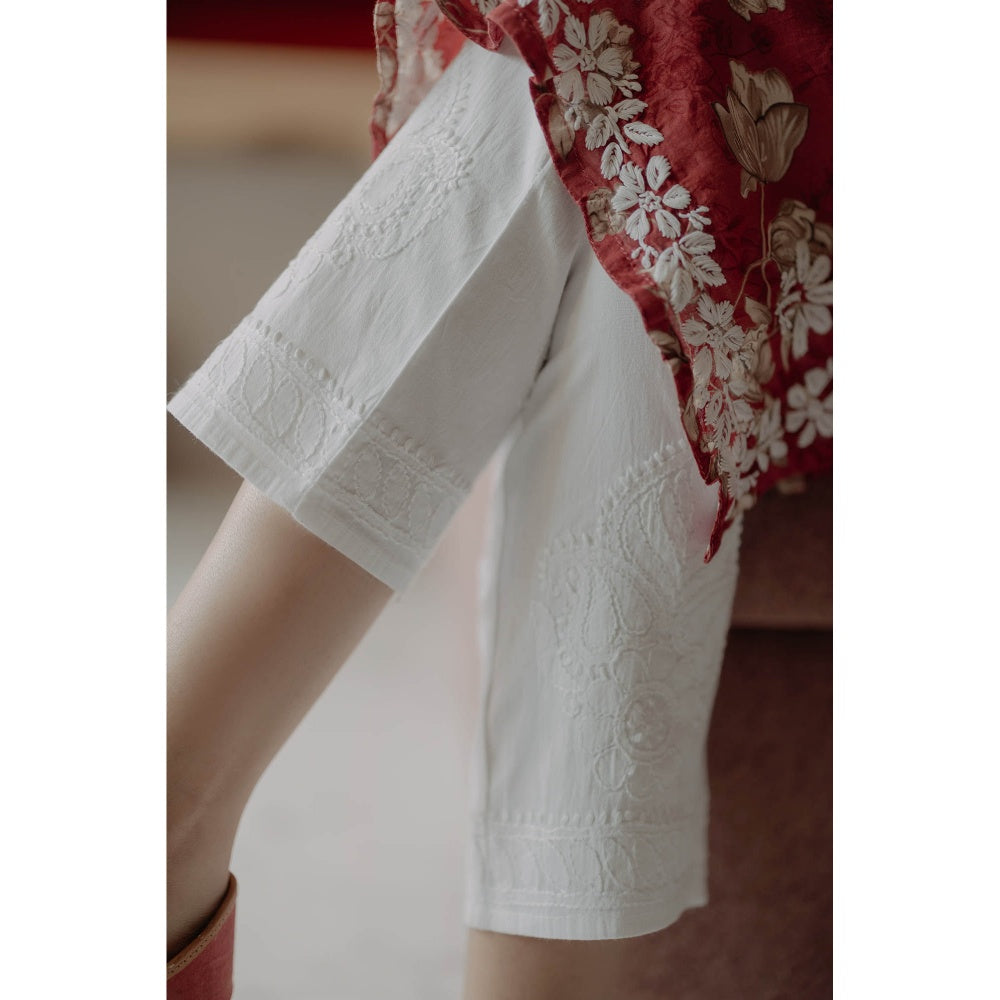 Old Marigold Sukoon White Cotton Lycra Hand Embroidered Chikankari Straight Pant