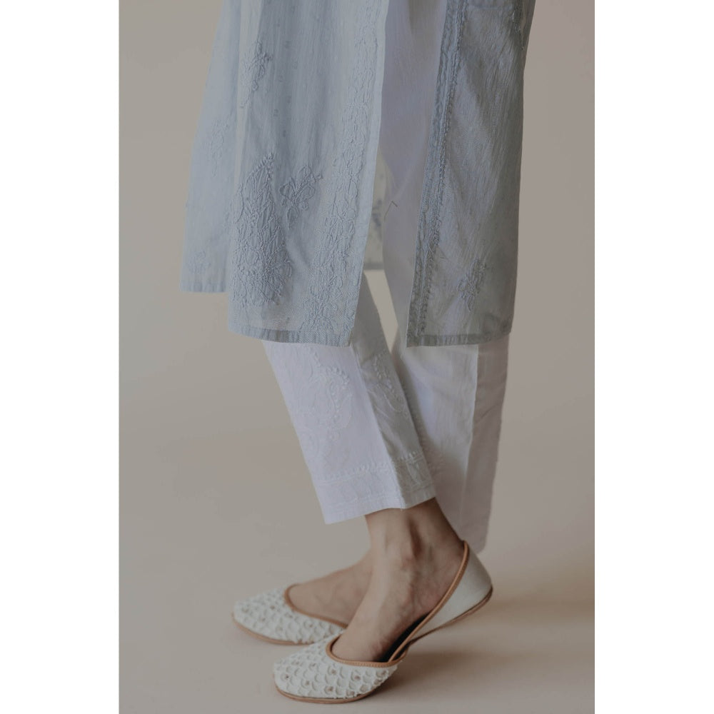 Old Marigold Sukoon White Cotton Lycra Hand Embroidered Chikankari Straight Pant
