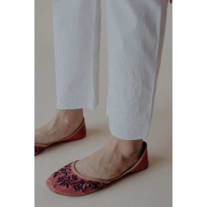 Old Marigold Sukoon White Cotton Lycra Hand Embroidered Chikankari Straight Pant
