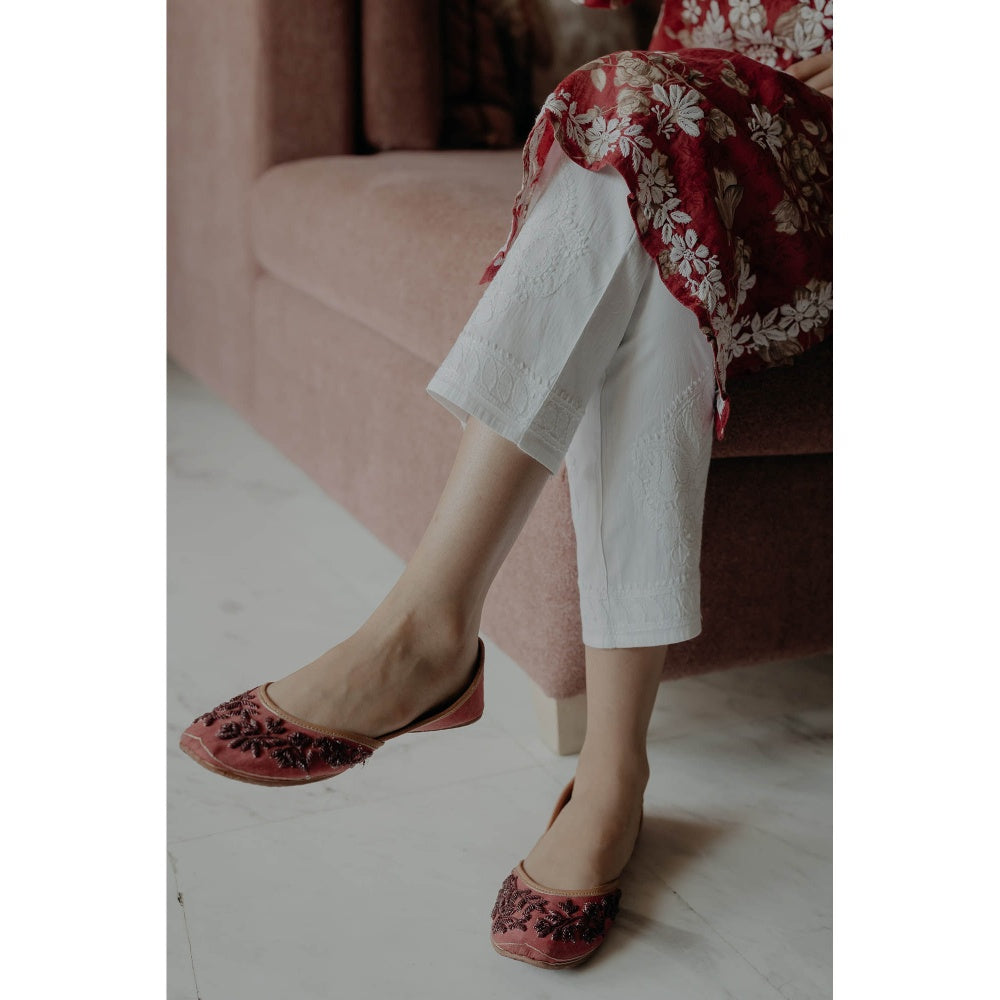 Old Marigold Sukoon White Cotton Lycra Hand Embroidered Chikankari Straight Pant