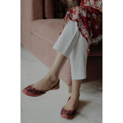 Old Marigold Sukoon White Cotton Lycra Hand Embroidered Chikankari Straight Pant