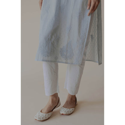 Old Marigold Sukoon White Cotton Lycra Hand Embroidered Chikankari Straight Pant
