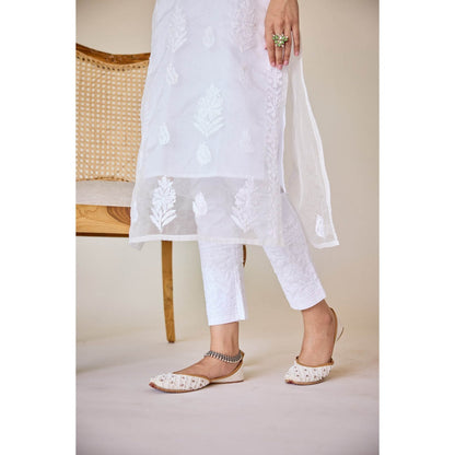 Old Marigold Raffia White Cotton Lycra Hand Embroidered Chikankari Straight Pant