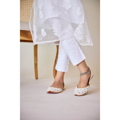 Old Marigold Raffia White Cotton Lycra Hand Embroidered Chikankari Straight Pant
