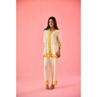 Old Marigold Blossom Cream Cotton Embroidered Co-Ord (Set of 2)