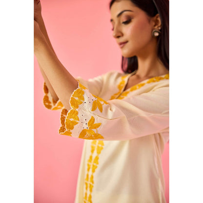Old Marigold Blossom Cream Cotton Embroidered Co-Ord (Set of 2)