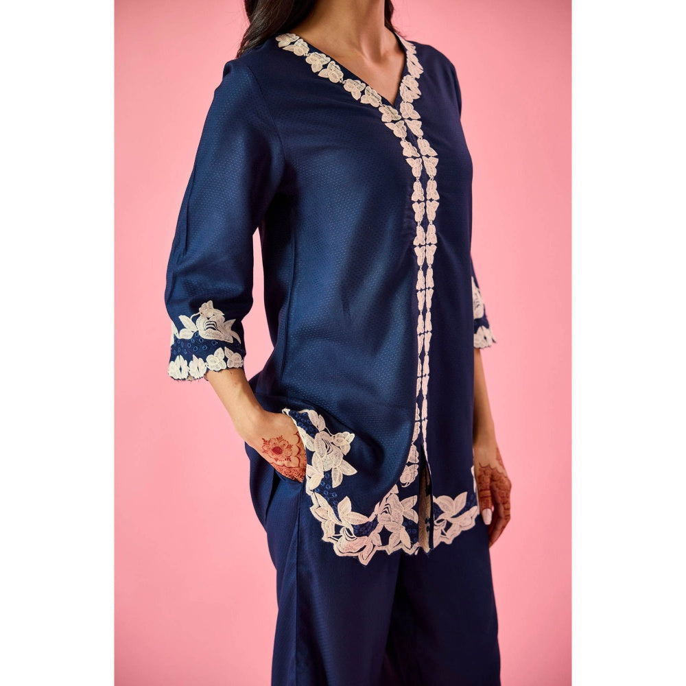 Old Marigold Whisper Navy Blue Cotton Embroidered Co-Ord (Set of 2)
