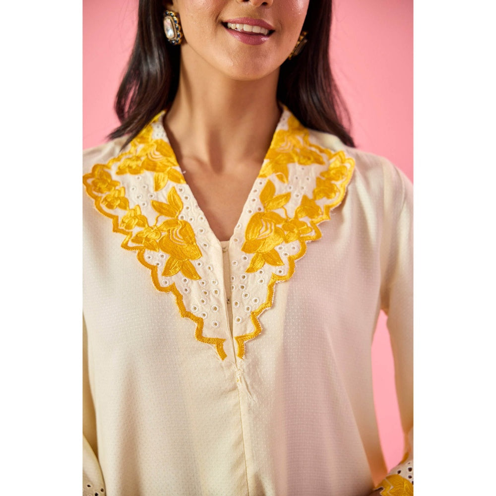Old Marigold Gossamer Cream Cotton Embroidered Co-Ord (Set of 2)