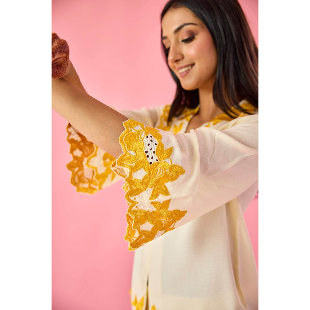 Old Marigold Gossamer Cream Cotton Embroidered Co-Ord (Set of 2)