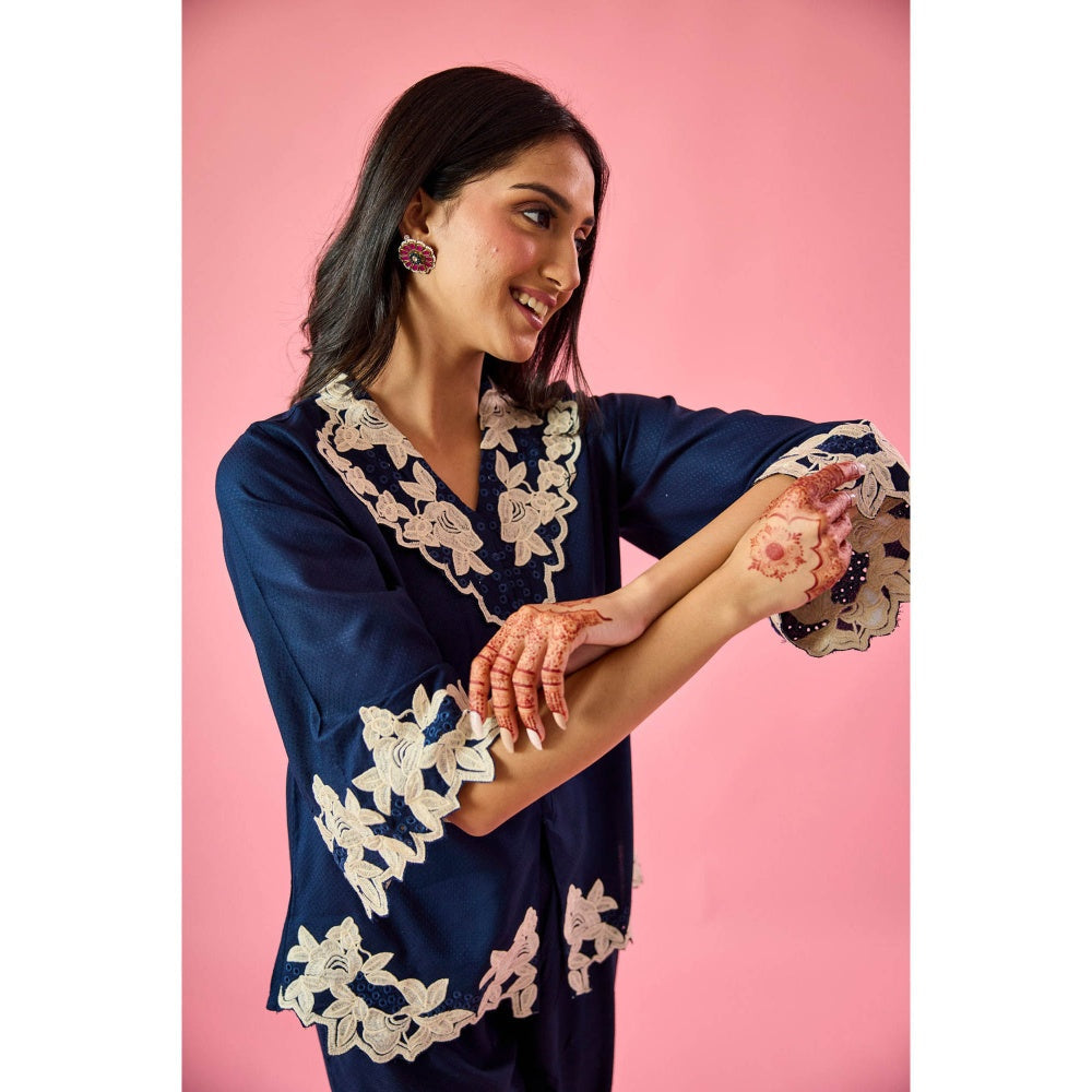 Old Marigold Breeze Navy Blue Cotton Embroidered Co-Ord (Set of 2)