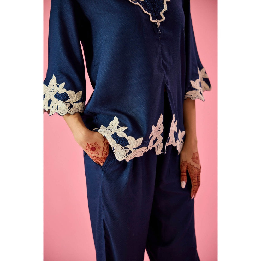 Old Marigold Breeze Navy Blue Cotton Embroidered Co-Ord (Set of 2)