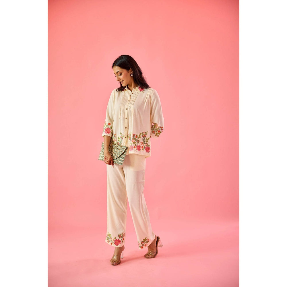 Old Marigold Twirl Off White Cotton Embroidered Co-Ord (Set of 2)