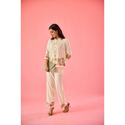 Old Marigold Twirl Off White Cotton Embroidered Co-Ord (Set of 2)