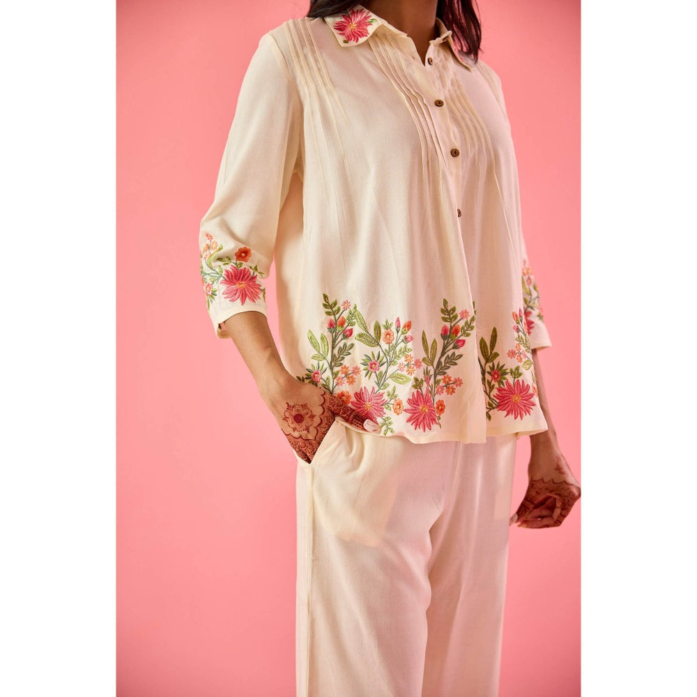 Old Marigold Twirl Off White Cotton Embroidered Co-Ord (Set of 2)