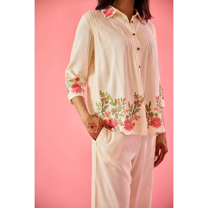 Old Marigold Twirl Off White Cotton Embroidered Co-Ord (Set of 2)