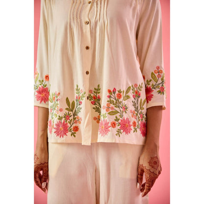 Old Marigold Twirl Off White Cotton Embroidered Co-Ord (Set of 2)