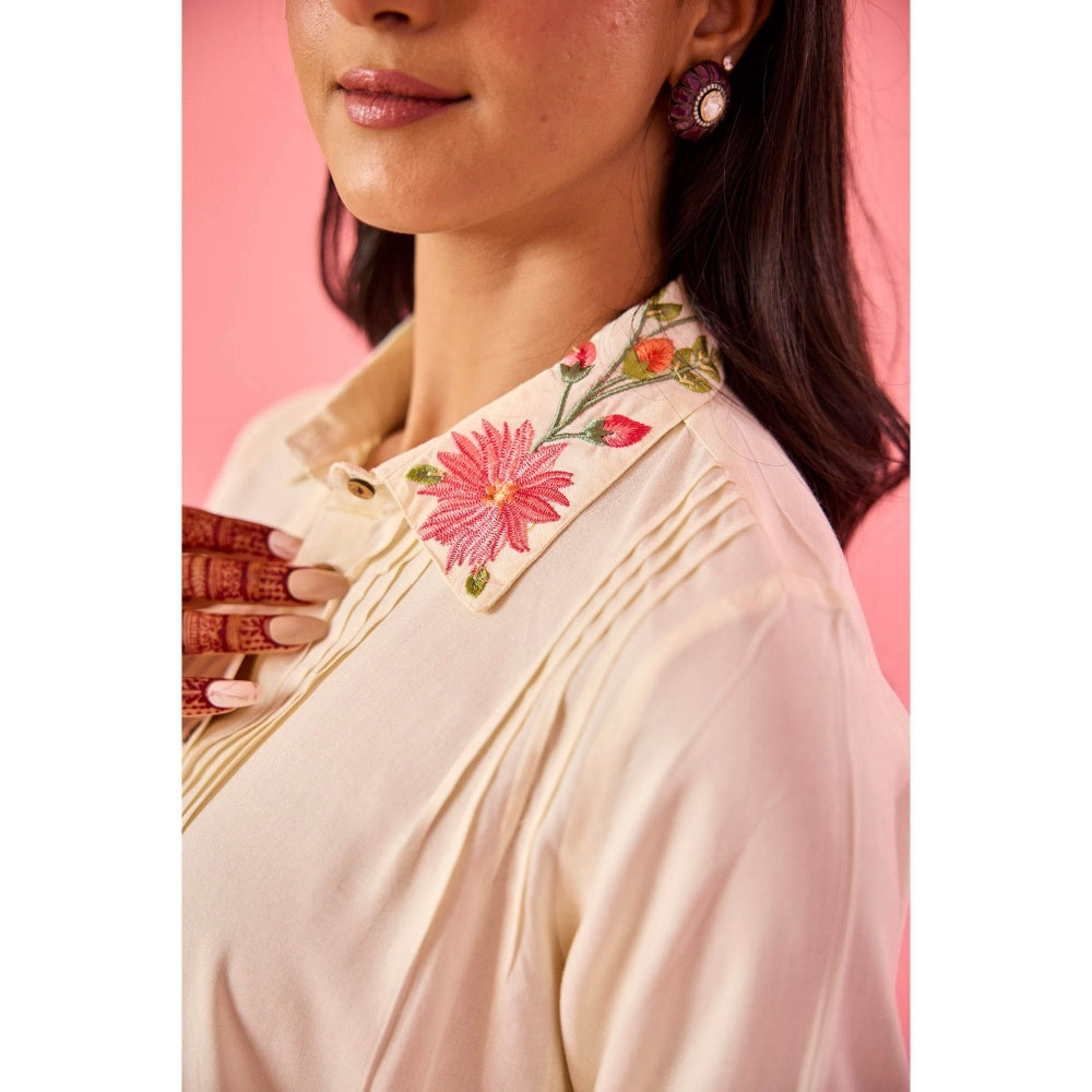Old Marigold Twirl Off White Cotton Embroidered Co-Ord (Set of 2)