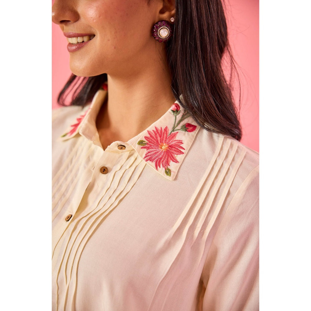 Old Marigold Twirl Off White Cotton Embroidered Co-Ord (Set of 2)