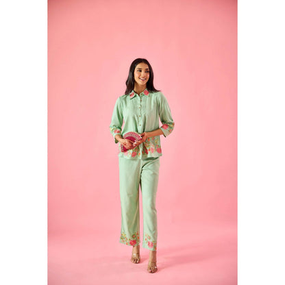 Old Marigold Dewdrop Mint Green Cotton Embroidered Co-Ord Set (Set of 2)