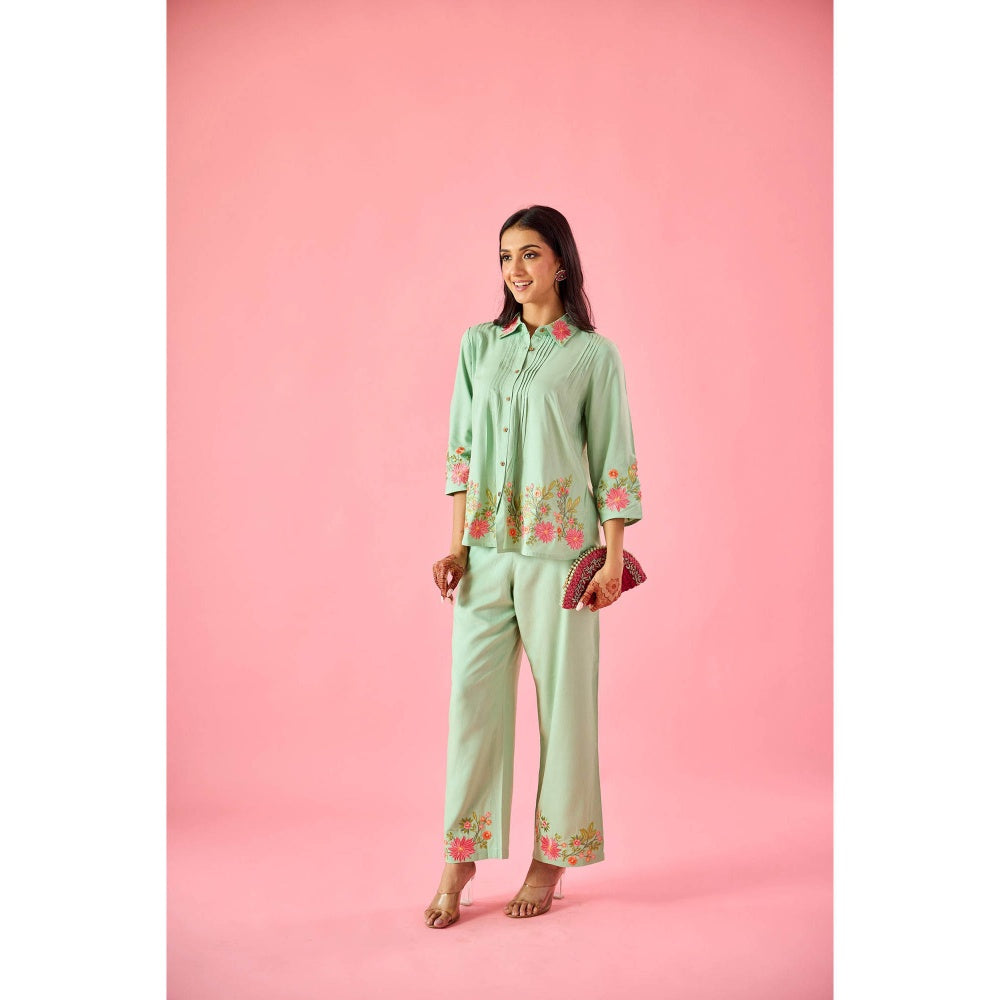 Old Marigold Dewdrop Mint Green Cotton Embroidered Co-Ord Set (Set of 2)
