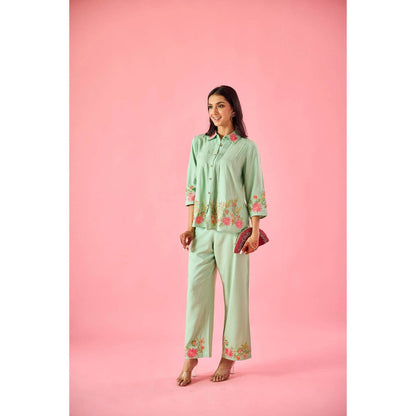 Old Marigold Dewdrop Mint Green Cotton Embroidered Co-Ord Set (Set of 2)