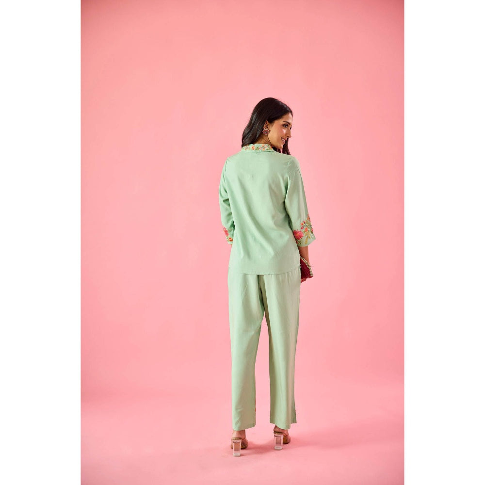 Old Marigold Dewdrop Mint Green Cotton Embroidered Co-Ord Set (Set of 2)