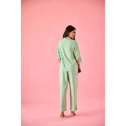 Old Marigold Dewdrop Mint Green Cotton Embroidered Co-Ord Set (Set of 2)