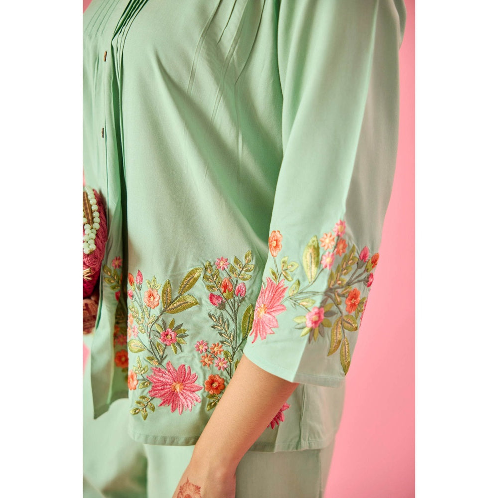 Old Marigold Dewdrop Mint Green Cotton Embroidered Co-Ord Set (Set of 2)