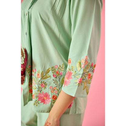Old Marigold Dewdrop Mint Green Cotton Embroidered Co-Ord Set (Set of 2)