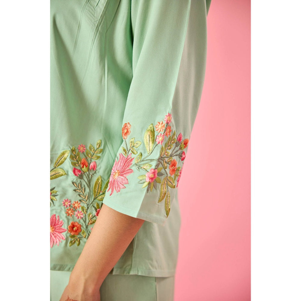 Old Marigold Dewdrop Mint Green Cotton Embroidered Co-Ord Set (Set of 2)
