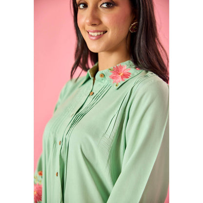 Old Marigold Dewdrop Mint Green Cotton Embroidered Co-Ord Set (Set of 2)
