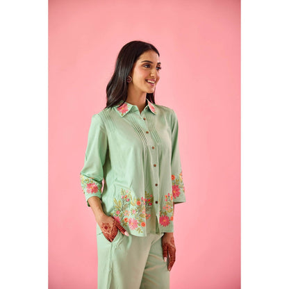 Old Marigold Dewdrop Mint Green Cotton Embroidered Co-Ord Set (Set of 2)
