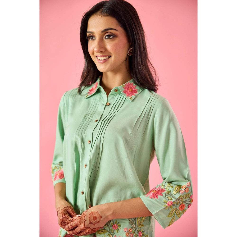 Old Marigold Dewdrop Mint Green Cotton Embroidered Co-Ord Set (Set of 2)