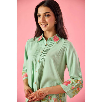 Old Marigold Dewdrop Mint Green Cotton Embroidered Co-Ord Set (Set of 2)
