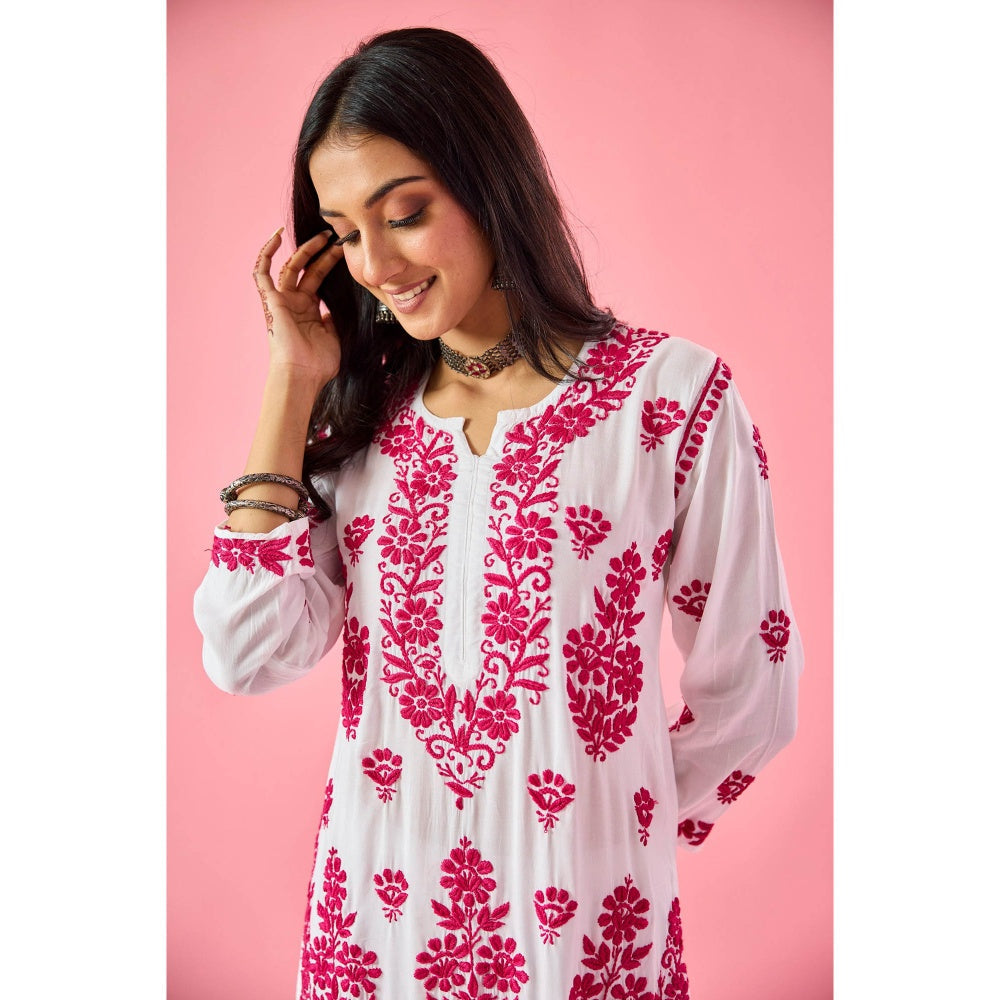 Old Marigold Lakshita Pink Modal Hand Embroidered Chikankari Kurta with Palazzo (Set of 2)