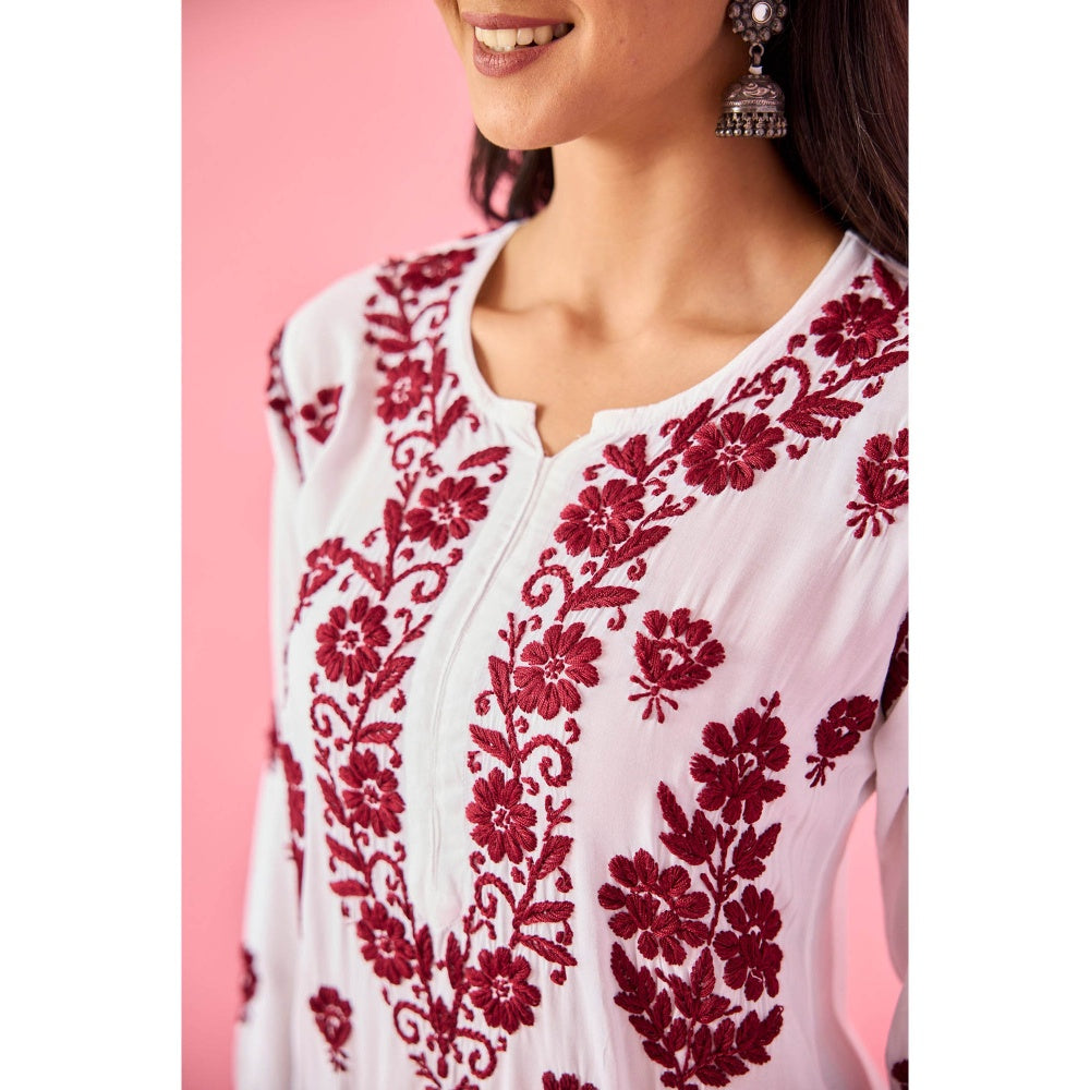 Old Marigold Gyaani Maroon Modal Hand Embroidered Chikankari Kurta with Palazzo (Set of 2)
