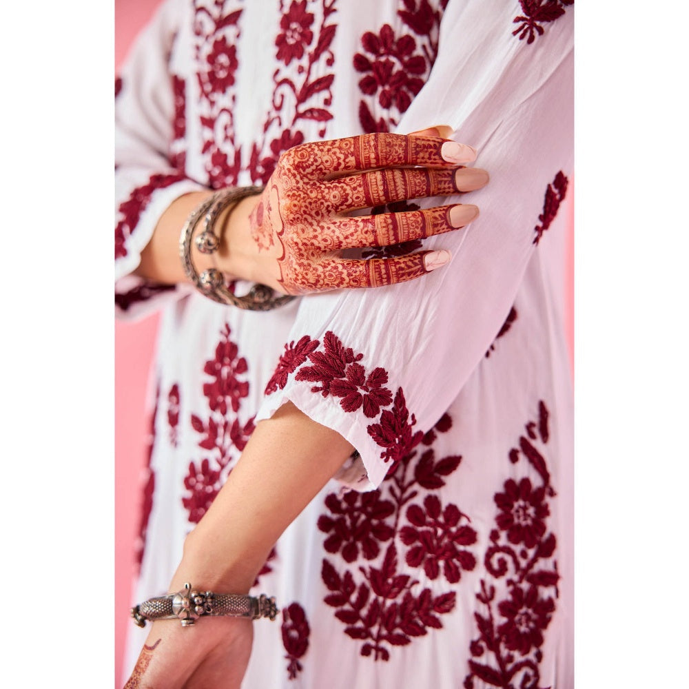Old Marigold Gyaani Maroon Modal Hand Embroidered Chikankari Kurta with Palazzo (Set of 2)
