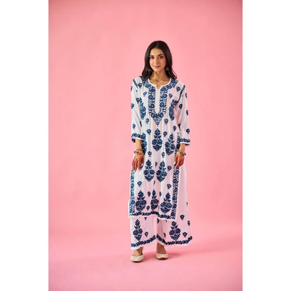 Old Marigold Wazira Blue Modal Hand Embroidered Chikankari Kurta with Palazzo (Set of 2)