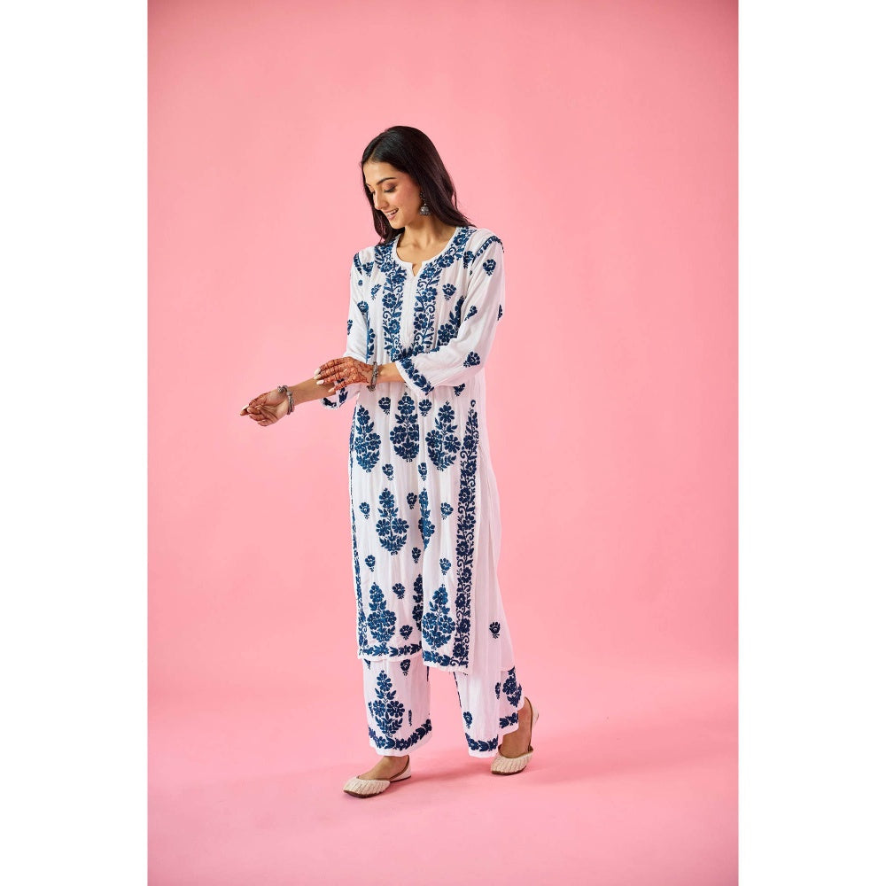 Old Marigold Wazira Blue Modal Hand Embroidered Chikankari Kurta with Palazzo (Set of 2)